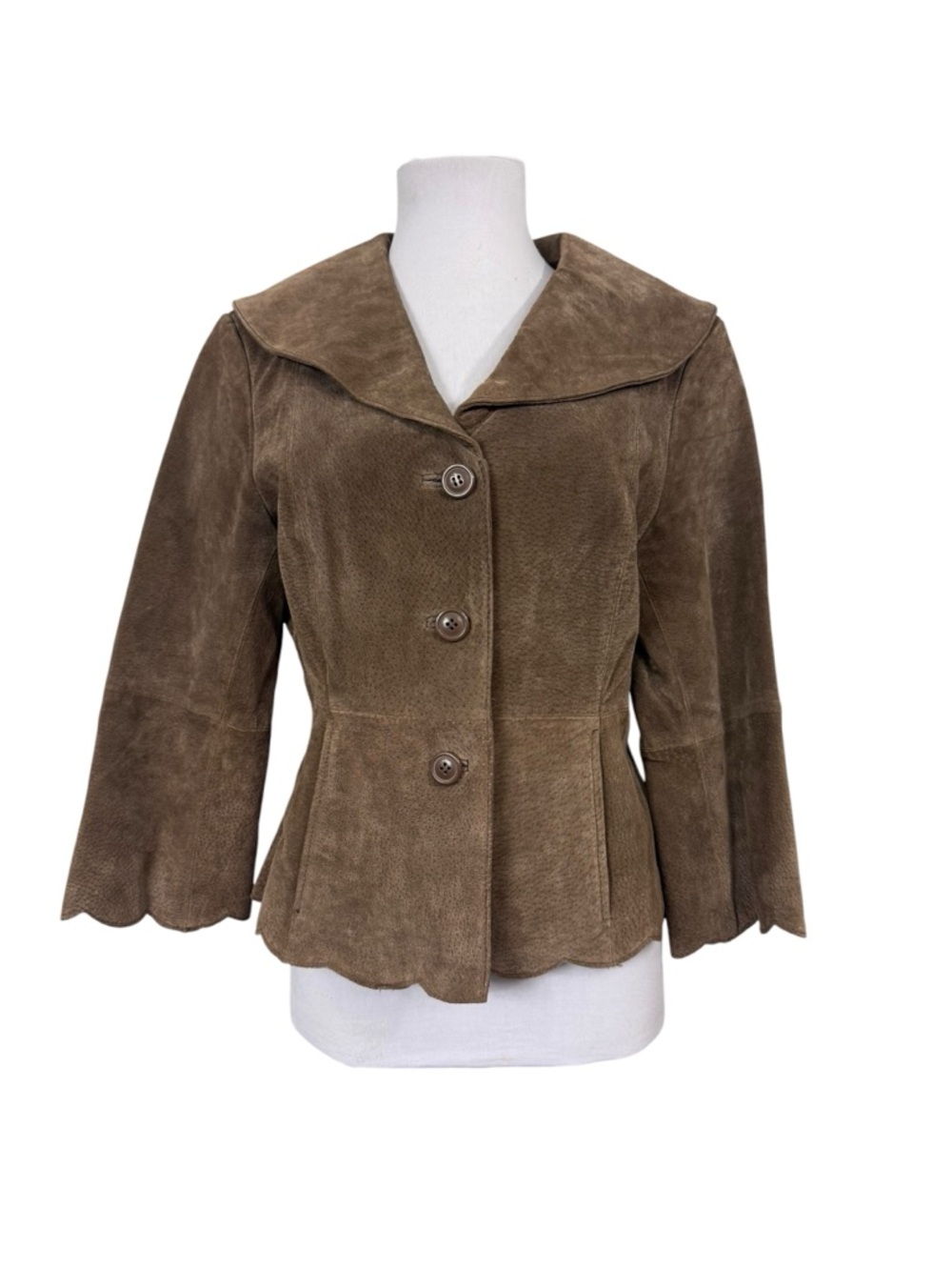 Bamboo Traders Women's Medium 100% Leather Jacket Brown Scalloped Hem 3/4 Sleeve